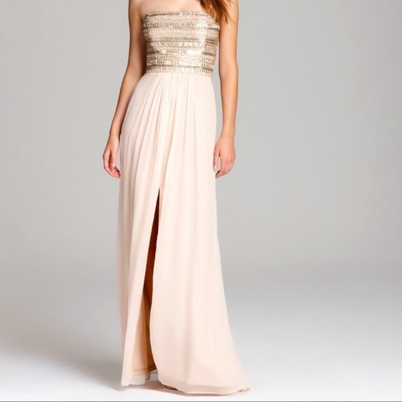 AIDAN MATTOX STRAPLESS GOWN WITH BEADED BUST DETAIL SIZE US 12 CHAMPAGNE/BLUSH - Picture 1 of 13